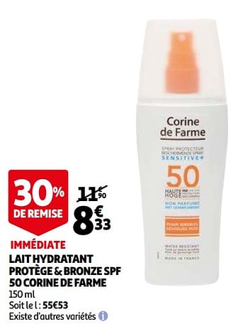 Promotions Lait hydratant protège + bronze spf 50 corine de farme - Corine de farme - Valide de 06/04/2021 à 13/04/2021 chez Auchan Ronq