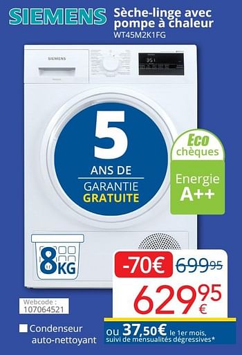 Promoties Siemens sèche-linge avec pompe à chaleur wt45m2k1fg - Siemens - Geldig van 01/04/2021 tot 30/04/2021 bij Eldi