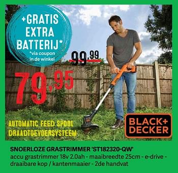 Promoties Black + decker snoerloze grastrimmer st182320-qw - Black & Decker - Geldig van 04/04/2021 tot 22/04/2021 bij Bouwcenter Frans Vlaeminck