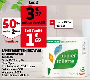 Promotions Papier toilette mieux vivre environnement auchan - Produit Maison - Auchan Ronq - Valide de 06/04/2021 à 13/04/2021 chez Auchan Ronq