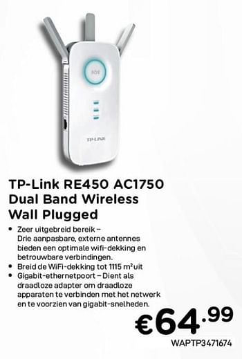 Promoties Tp-link re450 ac1750 dual band wireless wall plugged - Dual - Geldig van 02/04/2021 tot 30/04/2021 bij Compudeals