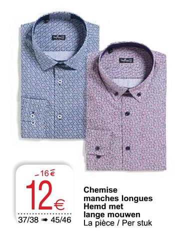 Promotions Chemise manches longues hemd met lange mouwen - Produit maison - Cora - Valide de 06/04/2021 à 19/04/2021 chez Cora