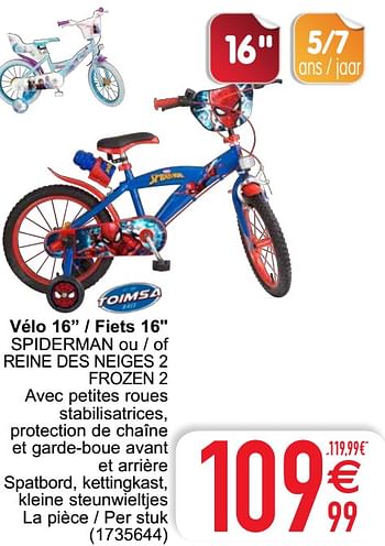 Promotions Vélo 16`` - fiets 16`` spiderman ou - of reine des neiges 2 frozen 2 - Toimsa - Valide de 06/04/2021 à 19/04/2021 chez Cora
