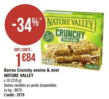 Promotions Barres crunchy avoine + miel nature valley - Nature Valley  - Valide de 05/04/2021 à 18/04/2021 chez Géant Casino