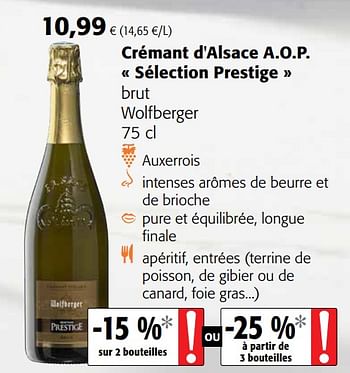 Promotions Crémant d`alsace a.o.p. sélection prestige brut wolfberger - Mousseux - Valide de 07/04/2021 à 20/04/2021 chez Colruyt