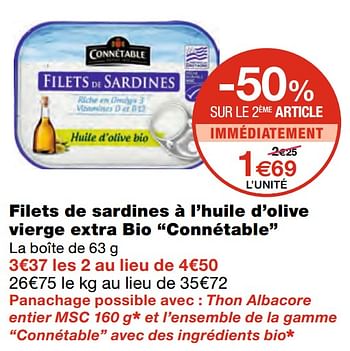 Promoties Filets de sardines à l`huile d`olive vierge extra bio connétable - Connétable - Geldig van 07/04/2021 tot 18/04/2021 bij MonoPrix