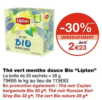 Promotions Thé vert menthe douce bio lipton - Lipton - Valide de 07/04/2021 à 18/04/2021 chez MonoPrix