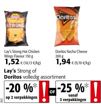 Promoties Lay’s Strong of Doritos volledig assortiment - Huismerk - Colruyt - Geldig van 07/04/2021 tot 20/04/2021 bij Colruyt