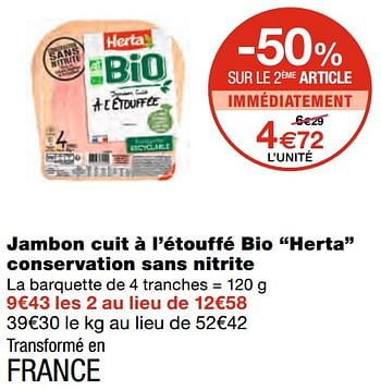 Promotions Jambon cuit à l`étouffé bio herta conservation sans nitrite - Herta - Valide de 07/04/2021 à 18/04/2021 chez MonoPrix