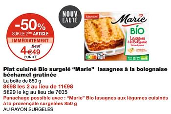 Promotions Plat cuisiné bio surgelé marie lasagnes à la bolognaise béchamel gratinée - Marie - Valide de 07/04/2021 à 18/04/2021 chez MonoPrix
