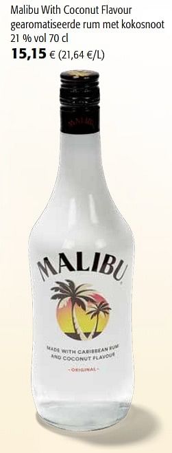 Promoties Malibu with coconut flavour gearomatiseerde rum met kokosnoot - Malibu - Geldig van 07/04/2021 tot 20/04/2021 bij Colruyt