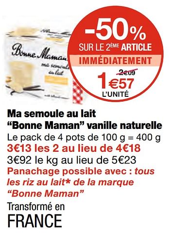 Promotions Ma semoule au lait bonne maman vanille naturelle - Bonne Maman - Valide de 07/04/2021 à 18/04/2021 chez MonoPrix