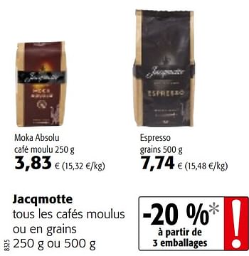 Promotions Jacqmotte tous les cafés moulus ou en grains - JACQMOTTE - Valide de 07/04/2021 à 20/04/2021 chez Colruyt