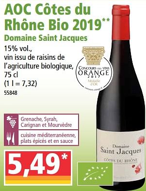 Promotions Aoc côtes du rhône bio 2019 domaine saint jacques - Vins rouges - Valide de 14/04/2021 à 21/04/2021 chez Norma
