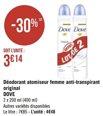 Promotions Déodorant atomiseur femme anti-transpirant original dove - Dove - Valide de 12/04/2021 à 25/04/2021 chez Géant Casino