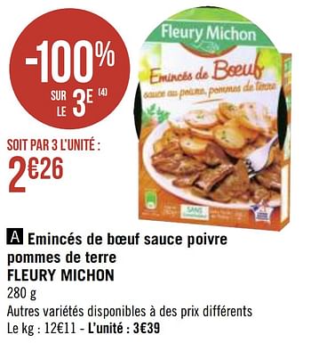 Promotions Emincés de boeuf sauce poivre pommes de terre fleury michon - Fleury Michon - Valide de 12/04/2021 à 25/04/2021 chez Géant Casino