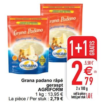 Promotions Grana padano râpé geraspt agriform - Agriform - Valide de 13/04/2021 à 19/04/2021 chez Cora