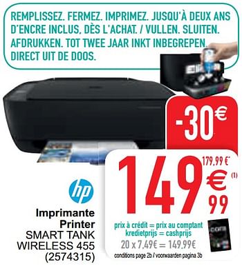 Promoties Hp imprimante printer smart tank wireless 455 - HP - Geldig van 13/04/2021 tot 26/04/2021 bij Cora
