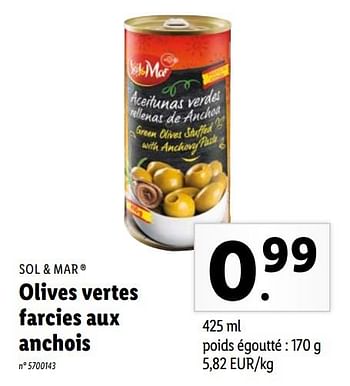Promotions Olives vertes farcies aux anchois - Sol & Mar - Valide de 19/04/2021 à 24/04/2021 chez Lidl