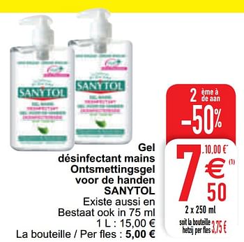 Promotions Gel désinfectant mains ontsmettingsgel voor de handen sanytol - Sanytol - Valide de 13/04/2021 à 19/04/2021 chez Cora