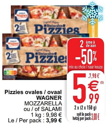 Promotions Pizzies ovales - ovaal wagner mozzarella - Original Wagner - Valide de 13/04/2021 à 19/04/2021 chez Cora