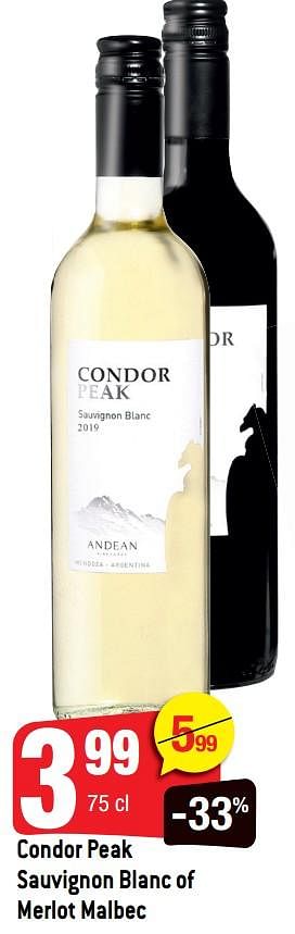 Promoties Condor peak sauvignon blanc of merlot malbec - Witte wijnen - Geldig van 14/04/2021 tot 20/04/2021 bij Smatch