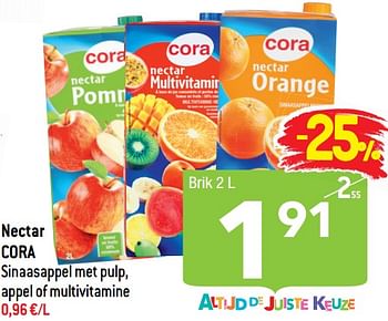 Promoties Nectar cora sinaasappel met pulp, appel of multivitamine - Huismerk - Smatch - Geldig van 14/04/2021 tot 20/04/2021 bij Smatch
