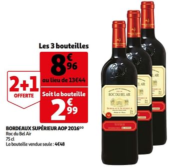Promotions Bordeaux supérieur aop 2016 roc du bel air - Vins rouges - Valide de 14/04/2021 à 20/04/2021 chez Auchan Ronq