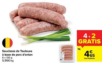 Promoties Saucisses de toulouse à base de porc d`antan - Huismerk - Carrefour  - Geldig van 14/04/2021 tot 19/04/2021 bij Carrefour