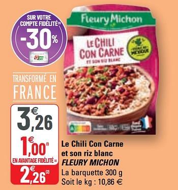Promoties Le chili con carne et son riz blanc fleury michon - Fleury Michon - Geldig van 14/04/2021 tot 25/04/2021 bij G20
