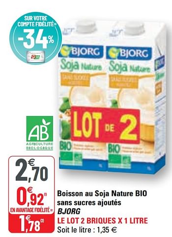 Promotions Boisson au soja nature bio sans sucres ajoutés bjorg - Bjorg - Valide de 14/04/2021 à 25/04/2021 chez G20