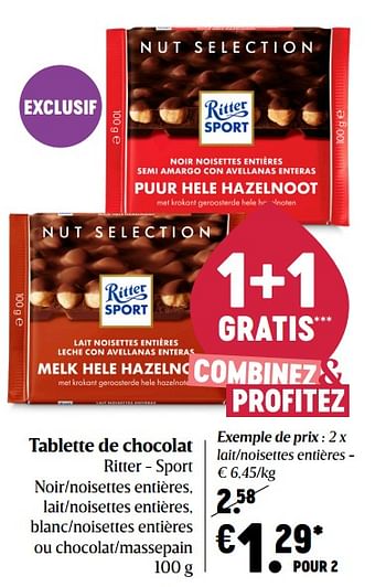 Promotions Tablette de chocolat ritter - sport - Ritter Sport - Valide de 15/04/2021 à 21/04/2021 chez Delhaize