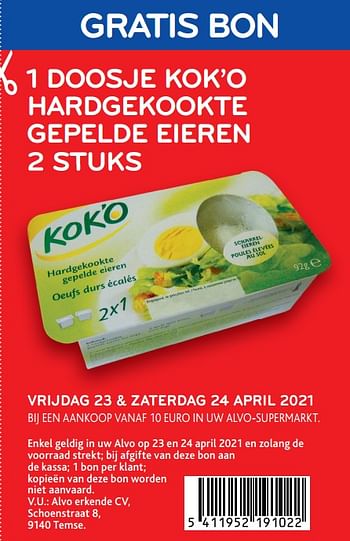 Promoties Gratis bon 1 doosje kok`o hardgekookte gepelde eieren 2 stuks - Kok'o - Geldig van 21/04/2021 tot 04/05/2021 bij Alvo