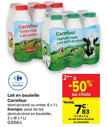 Promotions Pack de lait demi-écrémé en bouteille - Produit maison - Carrefour  - Valide de 14/04/2021 à 26/04/2021 chez Carrefour