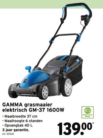 Promoties Gamma grasmaaier elektrisch gm-37 1600w - Gamma - Geldig van 07/04/2021 tot 30/06/2021 bij Gamma