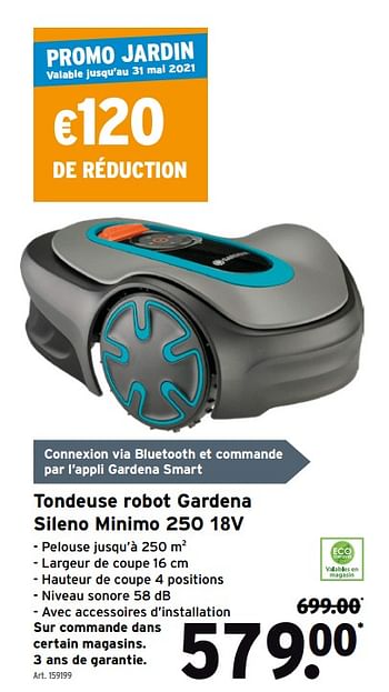 Promotions Tondeuse robot gardena sileno minimo 250 18v - Gardena - Valide de 07/04/2021 à 30/06/2021 chez Gamma