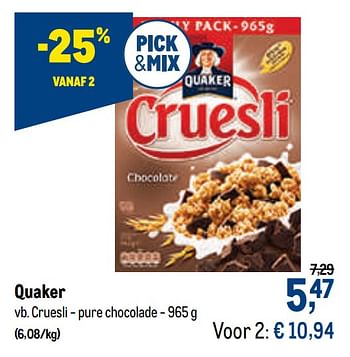 Promoties Quaker cruesli - pure chocolade - Quaker - Geldig van 21/04/2021 tot 04/05/2021 bij Makro