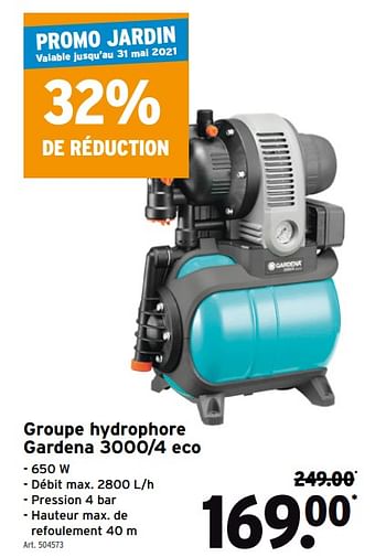 Promotions Groupe hydrophore gardena 3000-4 eco - Gardena - Valide de 07/04/2021 à 30/06/2021 chez Gamma
