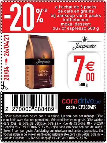 Promoties Koffiebonen moka, dessert ou - of espresso - JACQMOTTE - Geldig van 20/04/2021 tot 26/04/2021 bij Cora