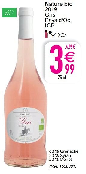 Promotions Nature bio - Vins rosé - Valide de 20/04/2021 à 26/04/2021 chez Cora