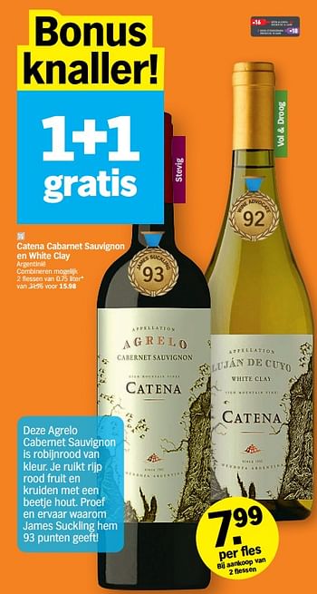 Promoties Catena cabarnet sauvignon en white clay - Rode wijnen - Geldig van 19/04/2021 tot 25/04/2021 bij Albert Heijn