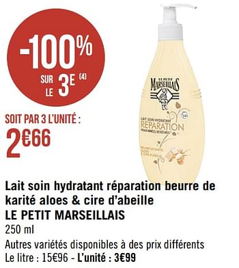 Promoties Lait soin hydratant réparation beurre de karité aloes + cire d`abeille le petit marseillais - Le Petit Marseillais - Geldig van 19/04/2021 tot 02/05/2021 bij Super Casino