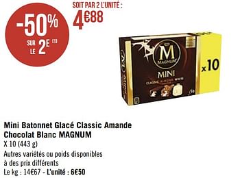 Promotions Mini batonnet glacé classic amande chocolat blanc magnum - Ola - Valide de 19/04/2021 à 02/05/2021 chez Super Casino