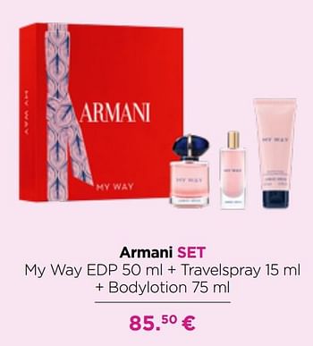 Promotions Armani set my way edp + travelspray + bodylotion - Armani - Valide de 19/04/2021 à 09/05/2021 chez ICI PARIS XL