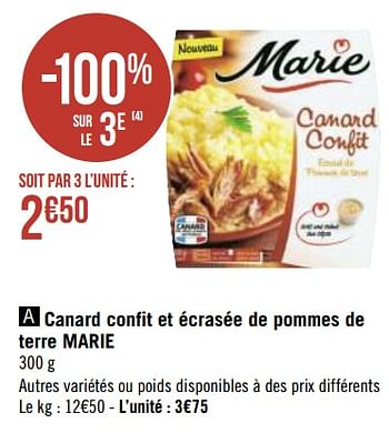 Promotions Canard confit et écrasée de pommes de terre marie - Marie - Valide de 19/04/2021 à 02/05/2021 chez Géant Casino