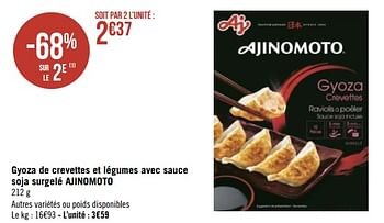 Promoties Gyoza de crevettes et légumes avec sauce soja surgelé ajinomoto - Ajinomoto  - Geldig van 19/04/2021 tot 02/05/2021 bij Géant Casino