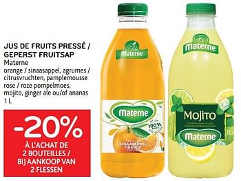 Promotions -20% à l`achat de 2 bouteilles jus de fruits pressé materne - Materne - Valide de 21/04/2021 à 04/05/2021 chez Alvo