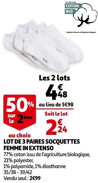 Promotions Lot de 3 paires socquettes femme in extenso - Inextenso - Valide de 21/04/2021 à 04/05/2021 chez Auchan Ronq