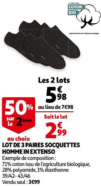 Promotions Lot de 3 paires socquettes homme in extenso - Inextenso - Valide de 21/04/2021 à 04/05/2021 chez Auchan Ronq
