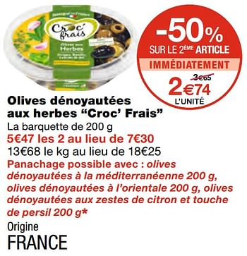 Promotions Olives dénoyautées aux herbes croc` frais - Croc Frais - Valide de 21/04/2021 à 02/05/2021 chez MonoPrix